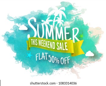 Stylish text Summer, this weekend sale with sun and plam trees on sky blue background. Flat 50% off offers.