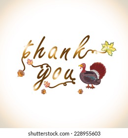 Stylish Text Of Thank You With Maple Leaf And Turkey Bird On Shiny Background For Thanksgiving Day Celebration.