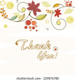 Stylish text Thank You with maple leaves decoration, greeting card design for Happy Thanksgiving Day celebration.