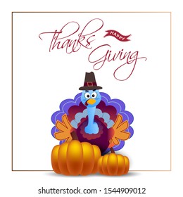 Stylish text of Thanksgiving with colorful turkey bird and pumpkin decorated on white background.