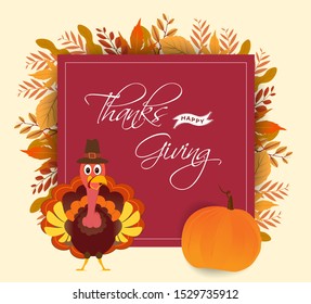Stylish text of Thanksgiving with turkey bird, pumpkin and autumn leaves decorated on soft background.
