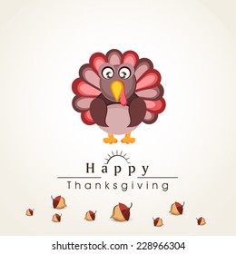 Stylish text with turkey bird and acorn fruits for Thanksgiving Day celebration.
