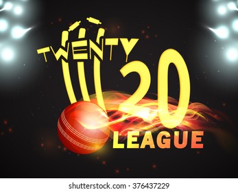 Stylish text Twenty 20 League with illustration of fiery ball hit the wicket stumps on stadium lights background for Cricket Sports concept.