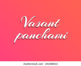 Stylischer Text Vasant Panchami auf rotem und rosafarbenem Hintergrund, kann als Poster oder Banner Design verwendet werden.