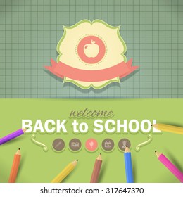 Stylish Text Welcome Back to School. Vector Background, Icon and Pencils Illustration