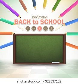 Stylish Text Welcome Back to School Concept Black Board Background and Pencils