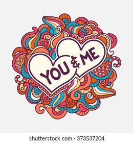 Stylish text You & Me in hearts on colorful floral design decorated background for Happy Valentine's Day celebration.