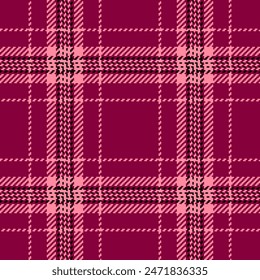 Stylish texture fabric plaid, latin background textile pattern. Tracery check tartan vector seamless in pink and red colors.