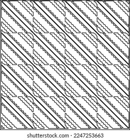 Stilvolle Textur mit Figuren aus Linien.
Abstraktes geometrisches Schwarz-Weiß-Muster für Webseiten, Texturen, Karten, Plakate, Gewebe, Textilien. Monochrome grafische Wiederholungsdesign. 
