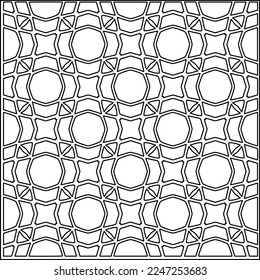 Stilvolle Textur mit Figuren aus Linien.
Abstraktes geometrisches Schwarz-Weiß-Muster für Webseiten, Texturen, Karten, Plakate, Gewebe, Textilien. Monochrome grafische Wiederholungsdesign. 