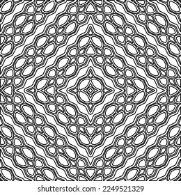 Stilvolle Textur mit Figuren aus Linien.
Abstraktes geometrisches Schwarz-Weiß-Muster für Webseiten, Texturen, Karten, Plakate, Gewebe, Textilien. Monochrome grafische Wiederholungsdesign. 