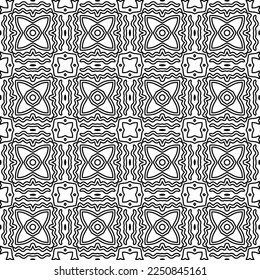 Stylish texture with figures from lines.
Abstract geometric black and white pattern for web page, textures, card, poster, fabric, textile. Monochrome graphic repeating design. 