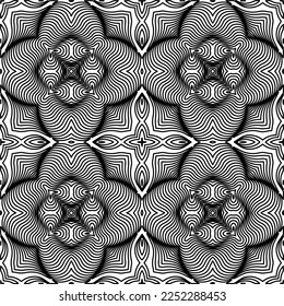 Stylish texture with figures from lines.
Abstract geometric black and white pattern for web page, textures, card, poster, fabric, textile. Monochrome graphic repeating design. 
