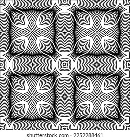 Stylish texture with figures from lines.
Abstract geometric black and white pattern for web page, textures, card, poster, fabric, textile. Monochrome graphic repeating design. 