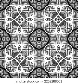 Stylish texture with figures from lines.
Abstract geometric black and white pattern for web page, textures, card, poster, fabric, textile. Monochrome graphic repeating design. 