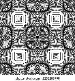 Stylish texture with figures from lines.
Abstract geometric black and white pattern for web page, textures, card, poster, fabric, textile. Monochrome graphic repeating design. 