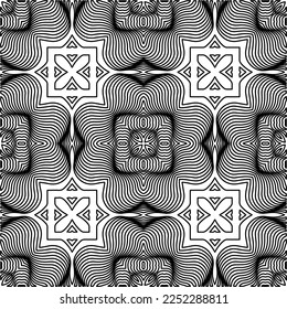 Stylish texture with figures from lines.
Abstract geometric black and white pattern for web page, textures, card, poster, fabric, textile. Monochrome graphic repeating design. 