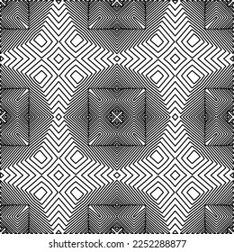 Stilvolle Textur mit Figuren aus Linien.
Abstraktes geometrisches Schwarz-Weiß-Muster für Webseiten, Texturen, Karten, Plakate, Gewebe, Textilien. Monochrome grafische Wiederholungsdesign. 