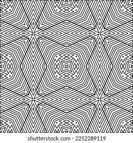 Stylish texture with figures from lines.
Abstract geometric black and white pattern for web page, textures, card, poster, fabric, textile. Monochrome graphic repeating design. 