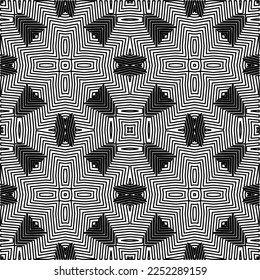 Stylish texture with figures from lines.
Abstract geometric black and white pattern for web page, textures, card, poster, fabric, textile. Monochrome graphic repeating design. 