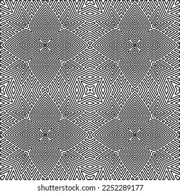 Stylish texture with figures from lines.
Abstract geometric black and white pattern for web page, textures, card, poster, fabric, textile. Monochrome graphic repeating design. 