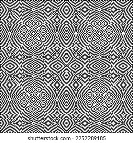 Stylish texture with figures from lines.
Abstract geometric black and white pattern for web page, textures, card, poster, fabric, textile. Monochrome graphic repeating design. 