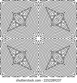 Stylish texture with figures from lines.
Abstract geometric black and white pattern for web page, textures, card, poster, fabric, textile. Monochrome graphic repeating design. 