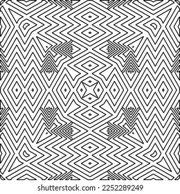 Stylish texture with figures from lines.
Abstract geometric black and white pattern for web page, textures, card, poster, fabric, textile. Monochrome graphic repeating design. 