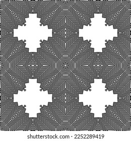 Stylish texture with figures from lines.
Abstract geometric black and white pattern for web page, textures, card, poster, fabric, textile. Monochrome graphic repeating design. 