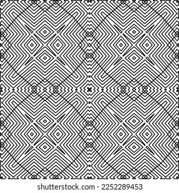 Stylish texture with figures from lines.
Abstract geometric black and white pattern for web page, textures, card, poster, fabric, textile. Monochrome graphic repeating design. 