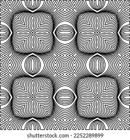 Stilvolle Textur mit Figuren aus Linien.
Abstraktes geometrisches Schwarz-Weiß-Muster für Webseiten, Texturen, Karten, Plakate, Gewebe, Textilien. Monochrome grafische Wiederholungsdesign. 