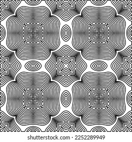 Stylish texture with figures from lines.
Abstract geometric black and white pattern for web page, textures, card, poster, fabric, textile. Monochrome graphic repeating design. 