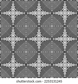 Stylish texture with figures from lines.
Abstract geometric black and white pattern for web page, textures, card, poster, fabric, textile. Monochrome graphic repeating design. 