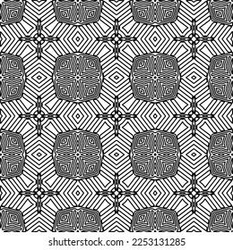 Stylish texture with figures from lines.
Abstract geometric black and white pattern for web page, textures, card, poster, fabric, textile. Monochrome graphic repeating design. 