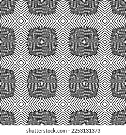 Stylish texture with figures from lines.
Abstract geometric black and white pattern for web page, textures, card, poster, fabric, textile. Monochrome graphic repeating design. 