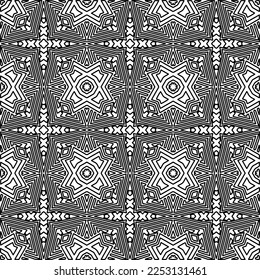 Stylish texture with figures from lines.
Abstract geometric black and white pattern for web page, textures, card, poster, fabric, textile. Monochrome graphic repeating design. 