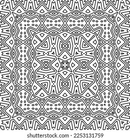 Stilvolle Textur mit Figuren aus Linien.
Abstraktes geometrisches Schwarz-Weiß-Muster für Webseiten, Texturen, Karten, Plakate, Gewebe, Textilien. Monochrome grafische Wiederholungsdesign. 