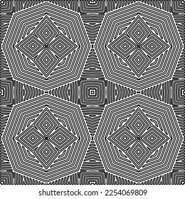Stylish texture with figures from lines.
Abstract geometric black and white pattern for web page, textures, card, poster, fabric, textile. Monochrome graphic repeating design. 