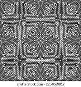 Stylish texture with figures from lines.
Abstract geometric black and white pattern for web page, textures, card, poster, fabric, textile. Monochrome graphic repeating design. 