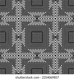Stilvolle Textur mit Figuren aus Linien.
Abstraktes geometrisches Schwarz-Weiß-Muster für Webseiten, Texturen, Karten, Plakate, Gewebe, Textilien. Monochrome grafische Wiederholungsdesign. 