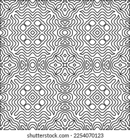 Stylish texture with figures from lines.
Abstract geometric black and white pattern for web page, textures, card, poster, fabric, textile. Monochrome graphic repeating design. 
