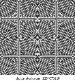 Stylish texture with figures from lines.
Abstract geometric black and white pattern for web page, textures, card, poster, fabric, textile. Monochrome graphic repeating design. 