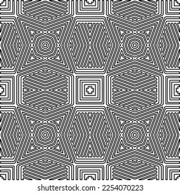 Stylish texture with figures from lines.
Abstract geometric black and white pattern for web page, textures, card, poster, fabric, textile. Monochrome graphic repeating design. 