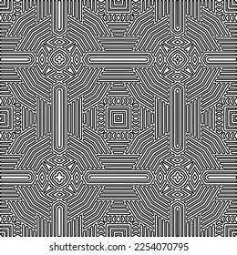 

Stylish texture with figures from lines.
Abstract geometric black and white pattern for web page, textures, card, poster, fabric, textile. Monochrome graphic repeating design. 