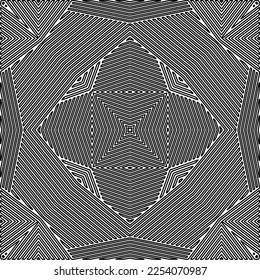 Stylish texture with figures from lines.
Abstract geometric black and white pattern for web page, textures, card, poster, fabric, textile. Monochrome graphic repeating design. 