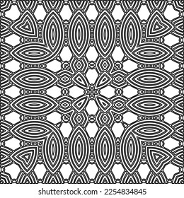 Stylish texture with figures from lines.
Abstract geometric black and white pattern for web page, textures, card, poster, fabric, textile. Monochrome graphic repeating design. 