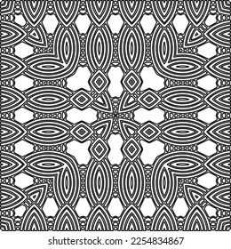 Stylish texture with figures from lines.
Abstract geometric black and white pattern for web page, textures, card, poster, fabric, textile. Monochrome graphic repeating design. 