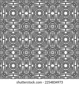 Stylish texture with figures from lines.
Abstract geometric black and white pattern for web page, textures, card, poster, fabric, textile. Monochrome graphic repeating design. 
