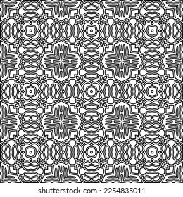 Stylish texture with figures from lines.
Abstract geometric black and white pattern for web page, textures, card, poster, fabric, textile. Monochrome graphic repeating design. 
