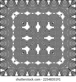 Stilvolle Textur mit Figuren aus Linien.
Abstraktes geometrisches Schwarz-Weiß-Muster für Webseiten, Texturen, Karten, Plakate, Gewebe, Textilien. Monochrome grafische Wiederholungsdesign. 
